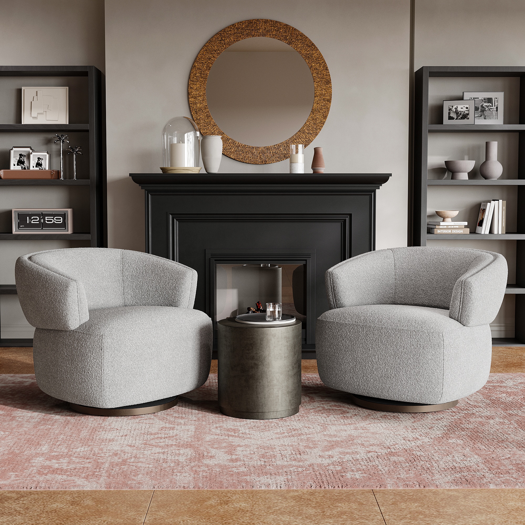 Modern Round Swivel Armchair With Solid Wood Frame In Grey_voghion.com